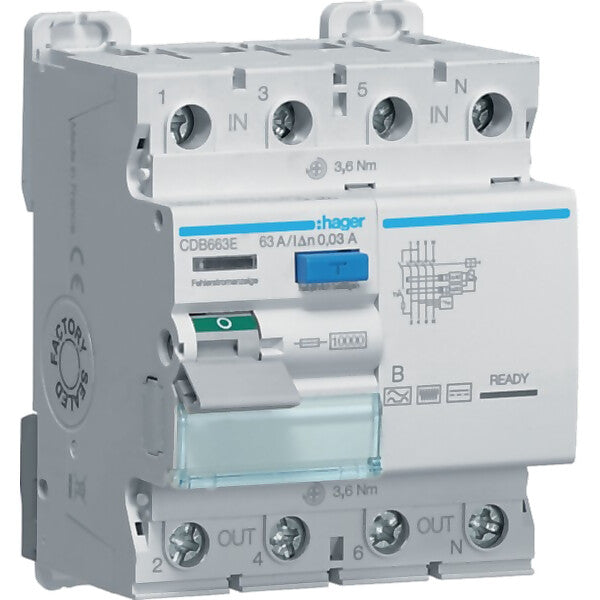 Hager Fehlerstromschutzschalter 4p 10kA63A30mA TypB CDB663E