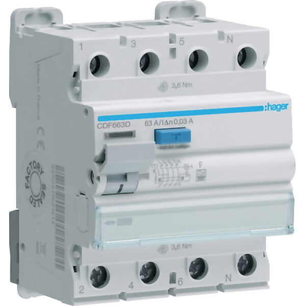 Hager Fehlerstromschutzschalter 4p 10kA 63A 30mA F CDF663D