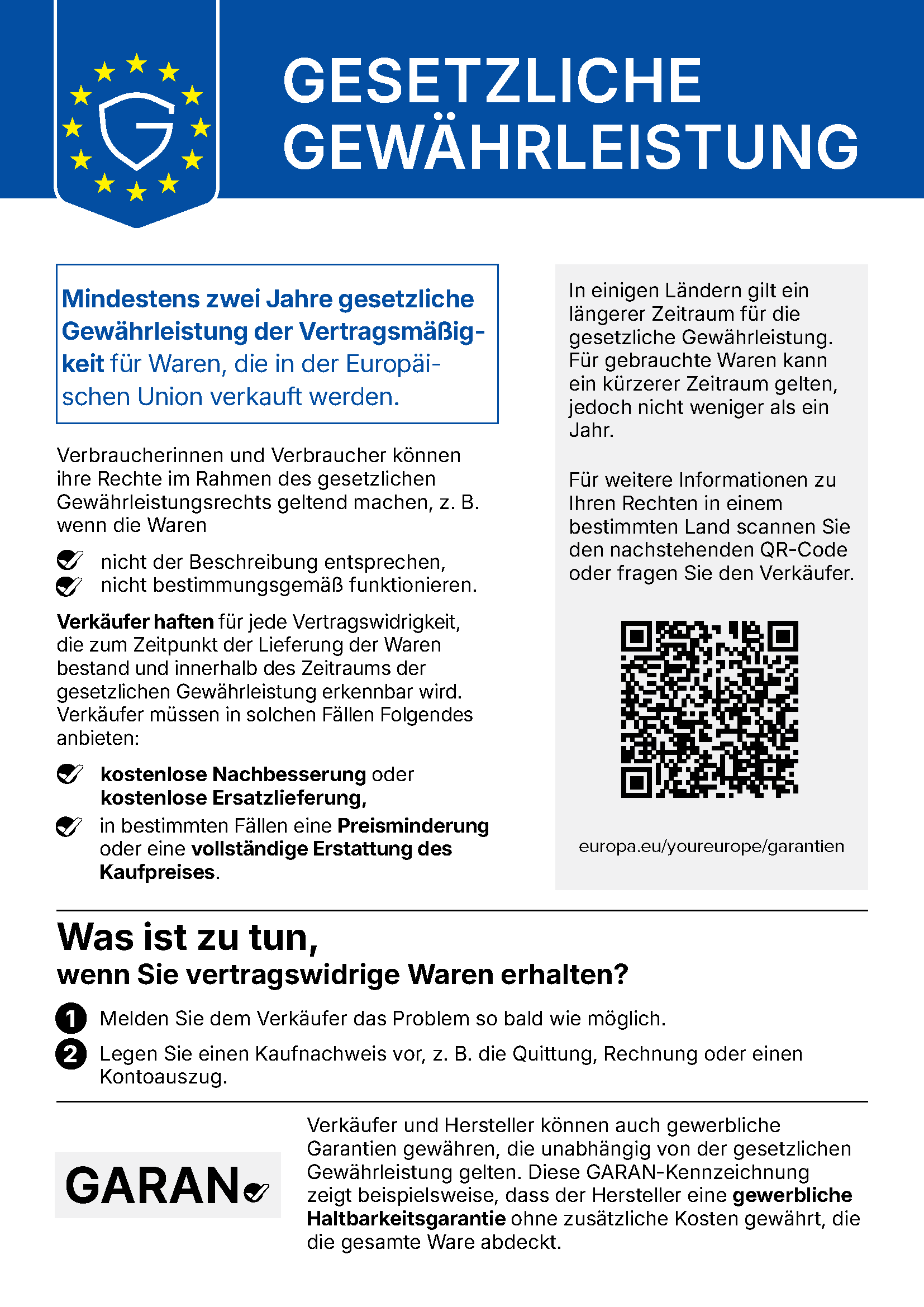 Harmonisierte EU-Mitteilung über das gesetzliche Gewährleistungsrecht - mindestens zwei Jahre